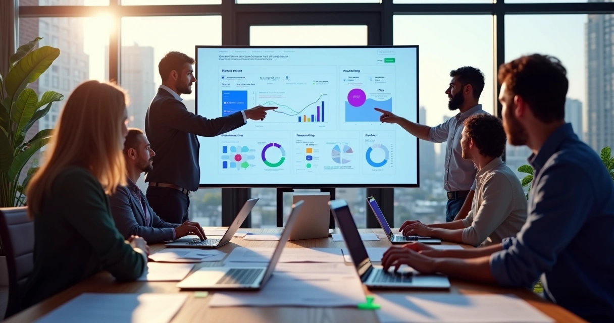 Equipe de marketing SaaS definindo estratégia de branding em frente a painel digital 