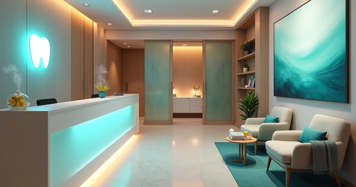 Sala de espera de clínica odontológica com elementos de branding sensorial 