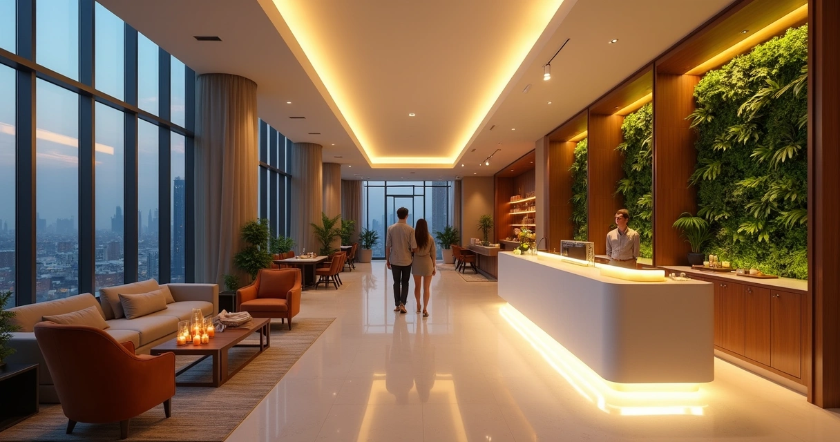 Lobby de hotel elegante com foco em experiência sensorial de hóspedes 