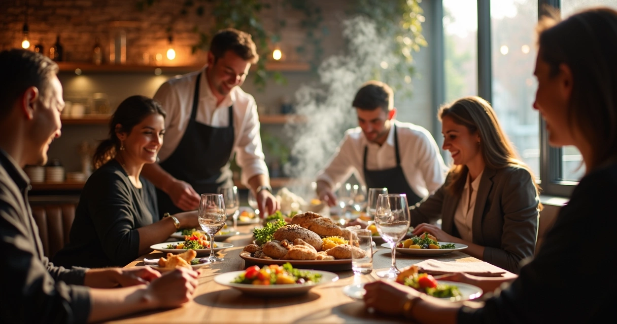 Equipe preparando ambiente sensorial em restaurante 