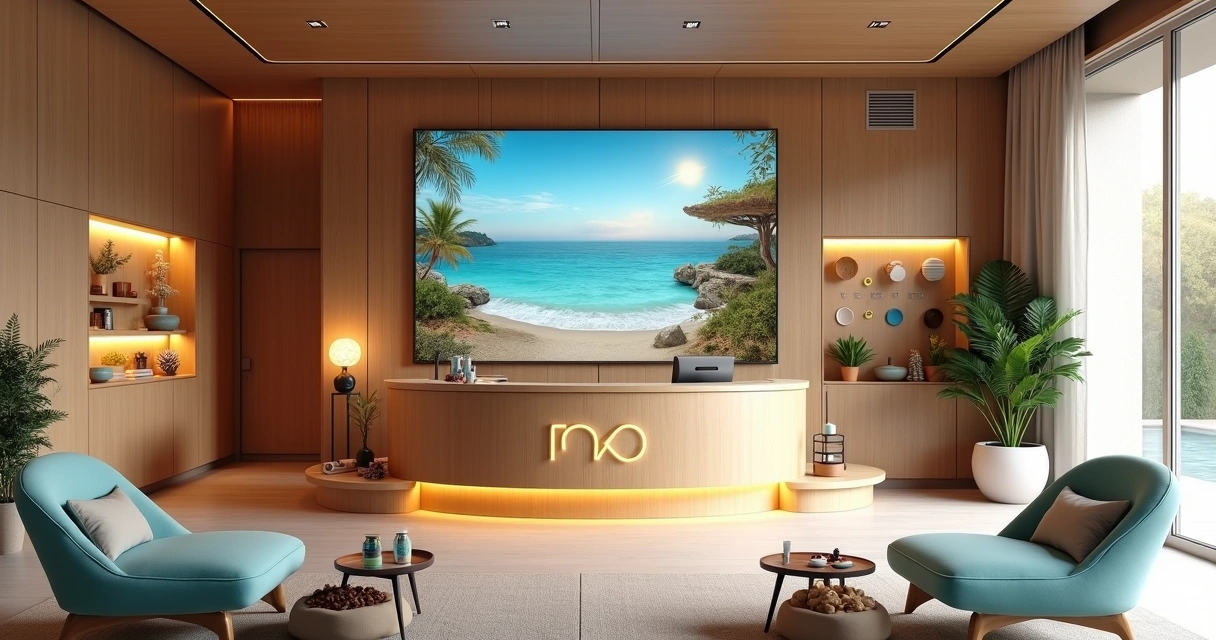 Sala de agência de viagens com experiência sensorial de marca 