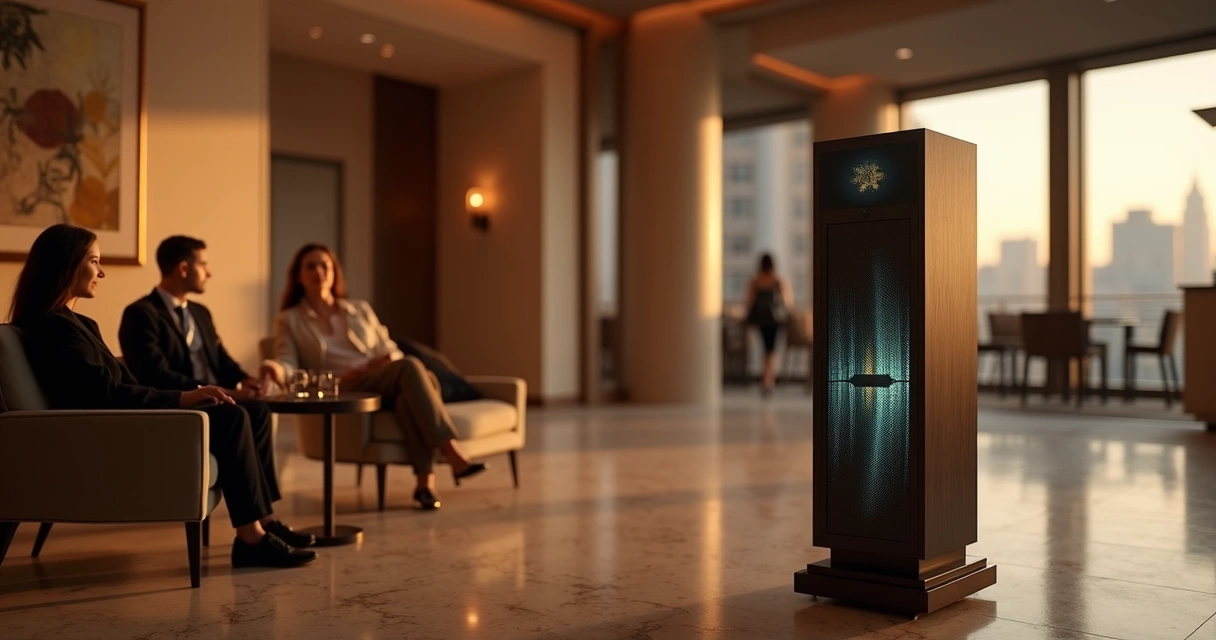 Lobby de hotel elegante com sistema de som representando branding sonoro 