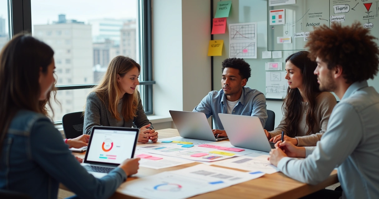 Equipe de startup definindo branding em mesa com notebooks e post-its coloridos 