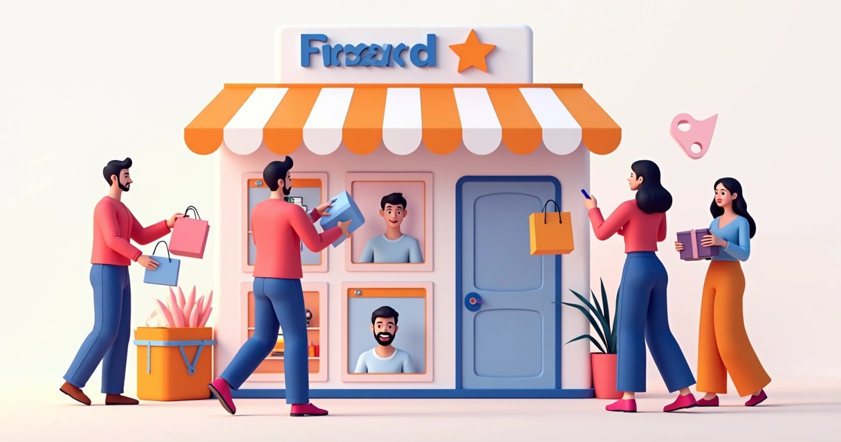 Loja virtual moderna com logo forte destacando produtos e clientes felizes 
