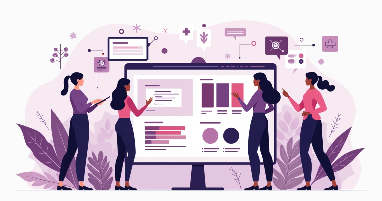 Ilustração corporativa de mulheres empresárias usando tecnologia para criar branding em dispositivos digitais 