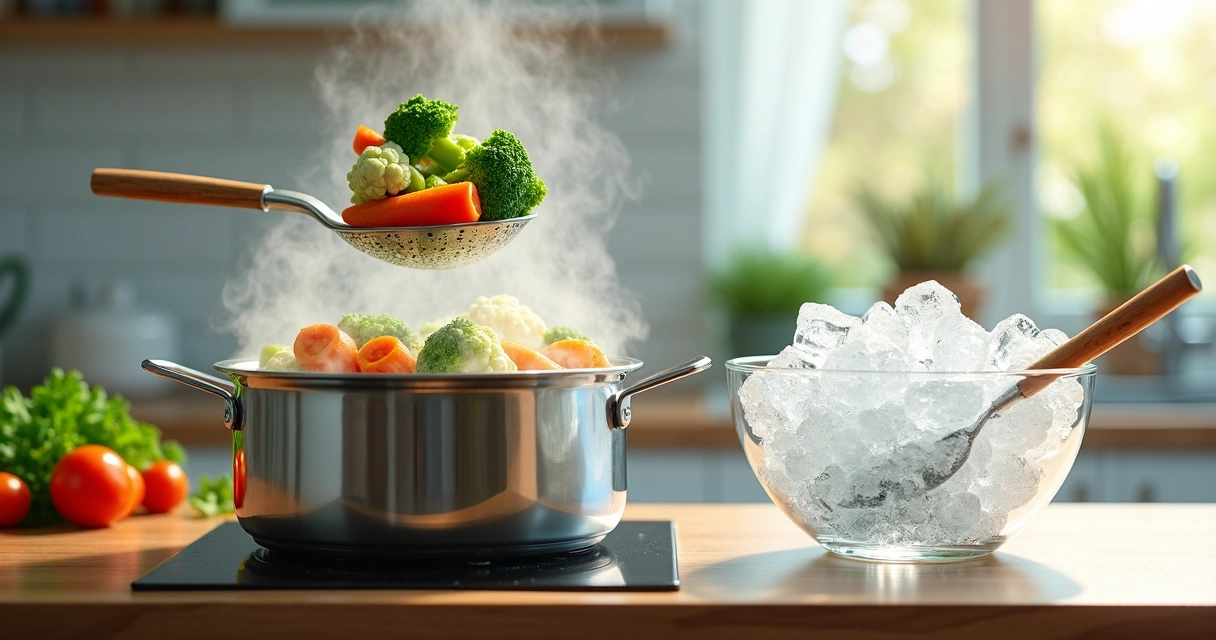 Legumes frescos sendo branqueados em panela com água fervente e tigela com gelo ao lado 