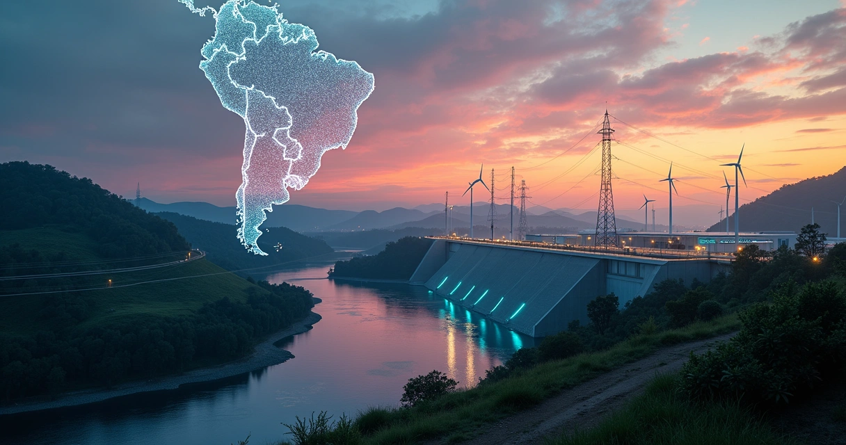 Mapa do Brasil iluminado por data centers integrados a paisagem de usinas renováveis 