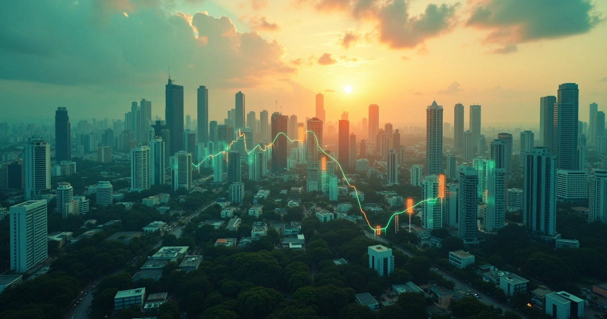 Vista aérea de cidade brasileira com prédios modernos e gráficos digitais representando inovação financeira