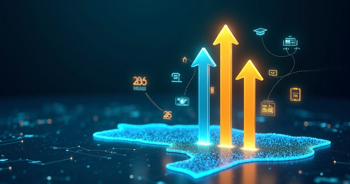 Placas de ranking em formato de seta conectadas sobre mapa do Brasil digital 