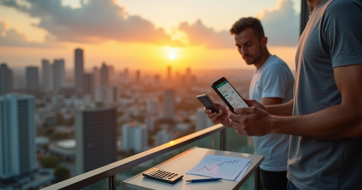 Homem brasileiro analisando investimentos do Tesouro Direto pelo celular em sacada urbana 
