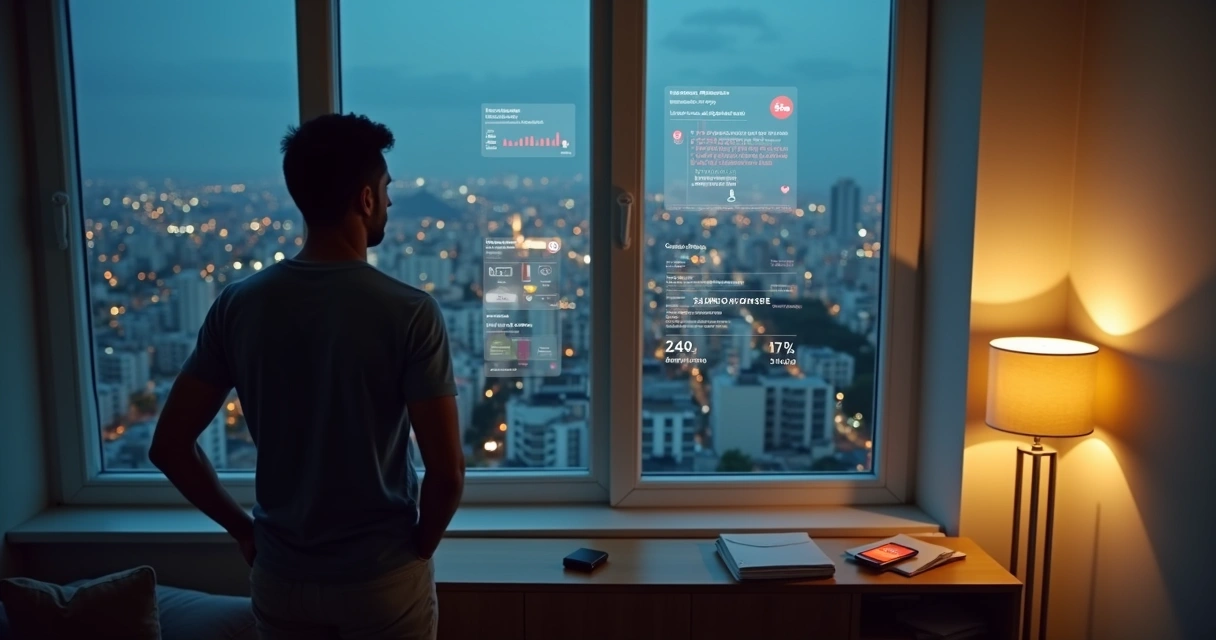 Pessoa adulta observando preocupação com faturas projetadas diante da cidade à noite 