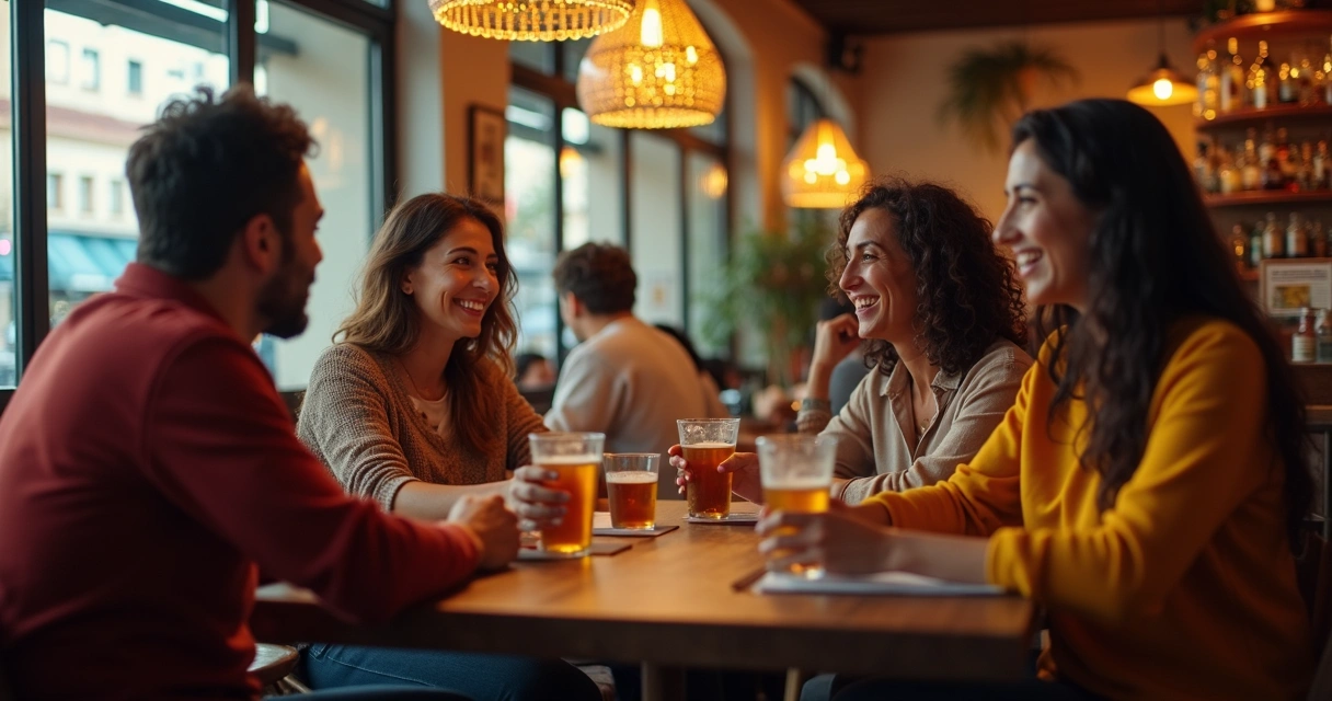 Brasileiros em café espanhol conversando animados 