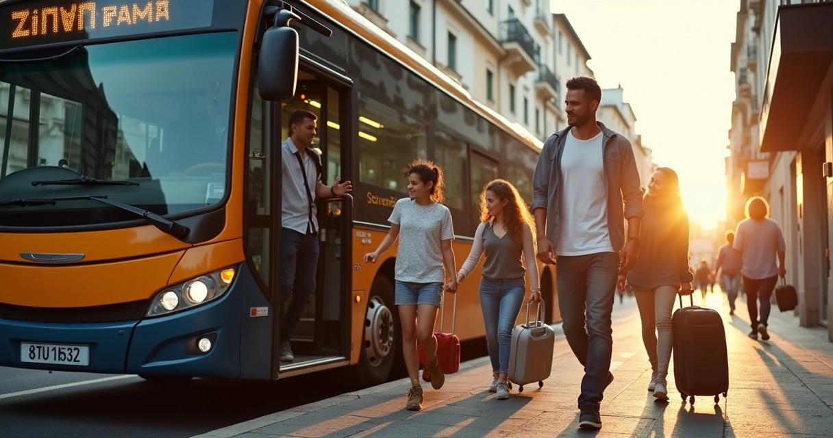 Família brasileira embarcando em ônibus em Portugal