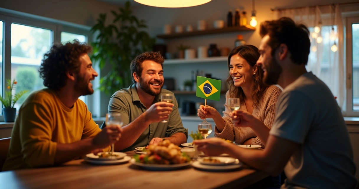 Brasileiros comemorando em casa com amigos e bandeira do Brasil na Nova Zelândia