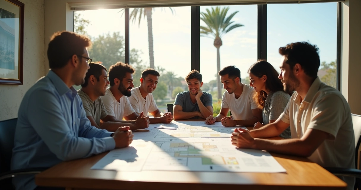 Brasileiros reunidos olhando plantas e documentos de imóveis em Orlando 