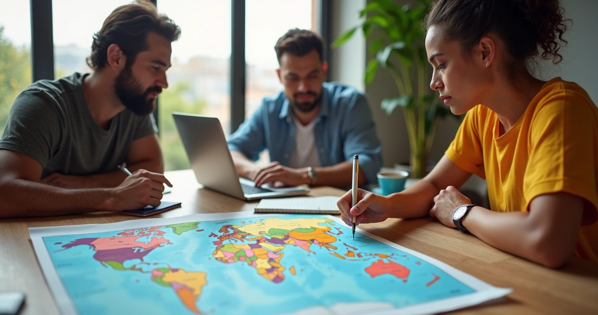 Brasileiros olhando mapa do mundo planejando mudança para o exterior 