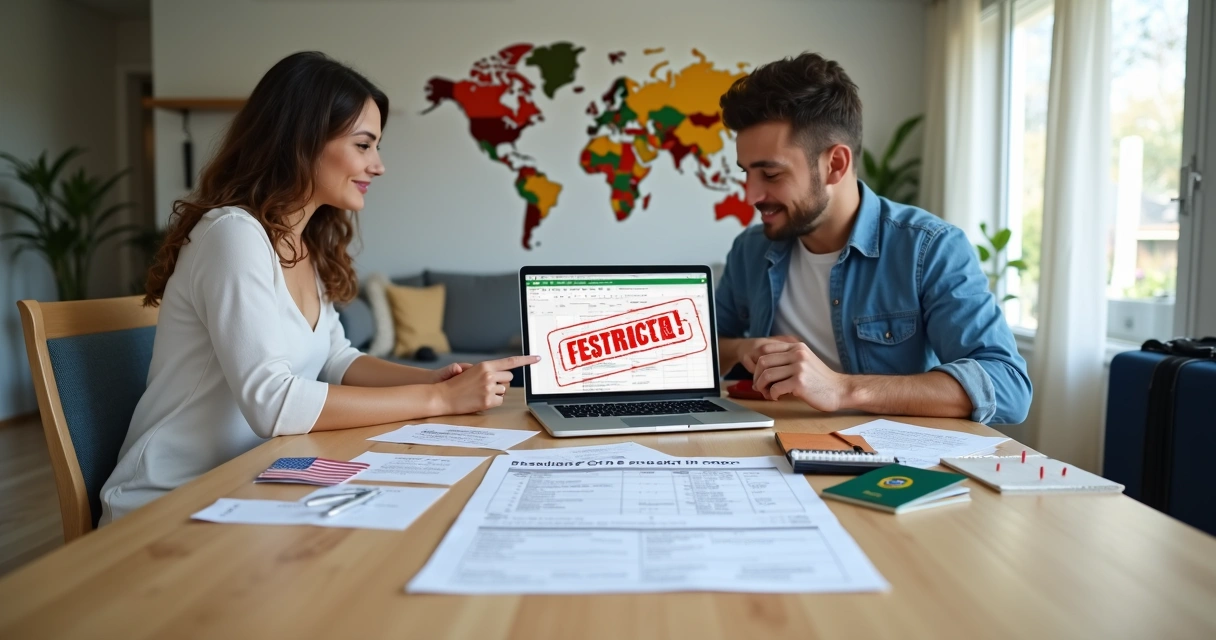 Casal brasileiro analisando vistos e alternativas de mudança para os EUA 