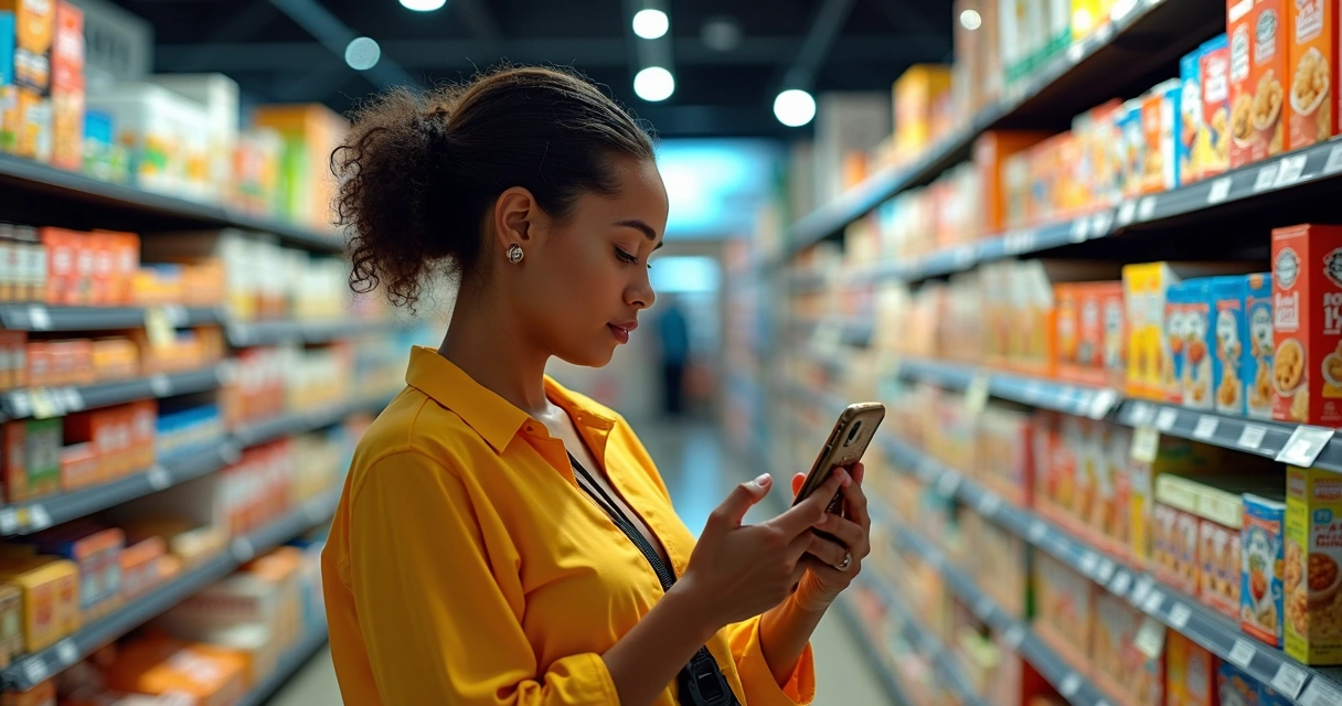 Brasileira usando aplicativo de tradução no celular em loja dos EUA 