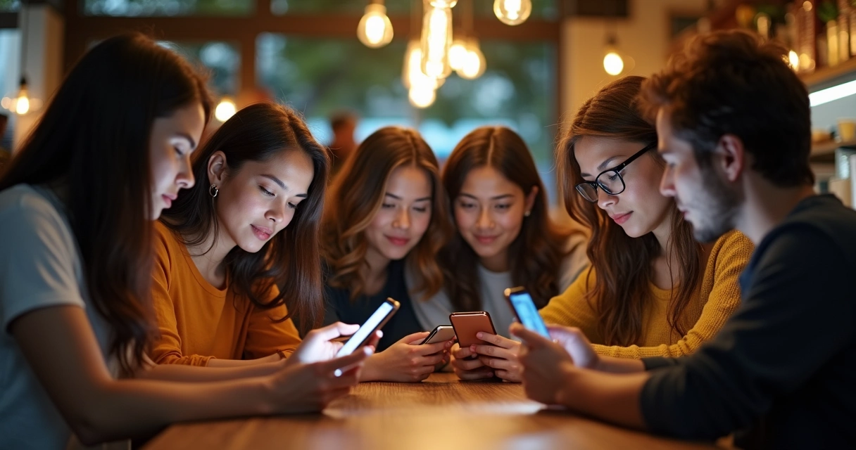 Jovens brasileiros usando celular em local público 