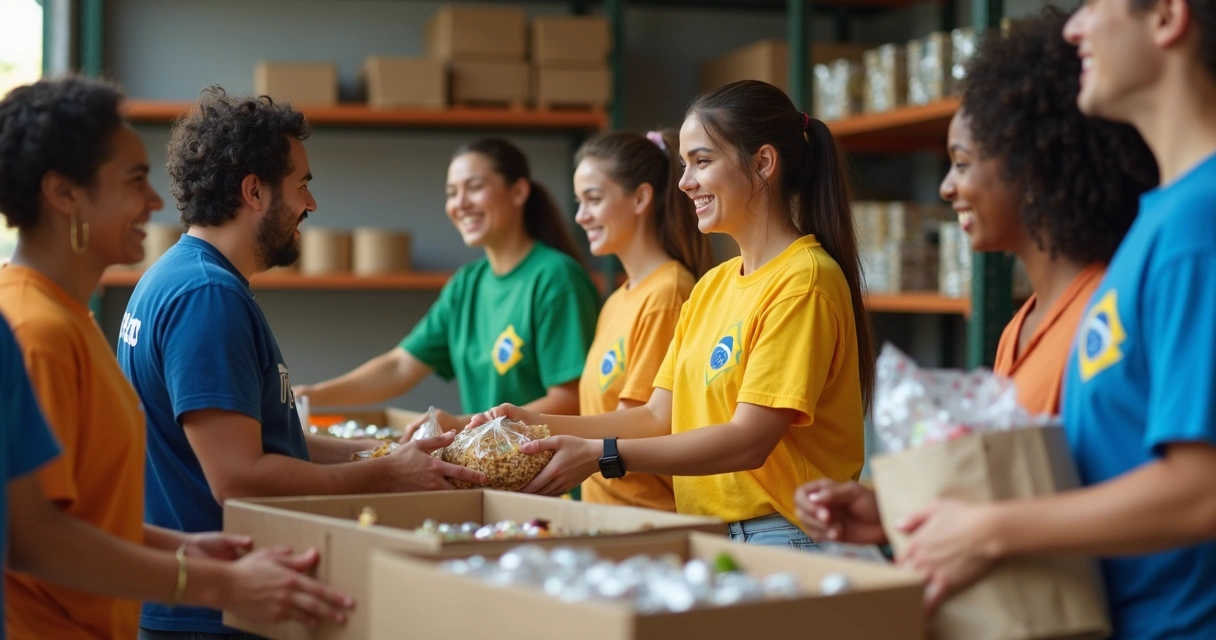 Jovens brasileiros sorrindo enquanto ajudam em uma distribuição de alimentos nos Estados Unidos 