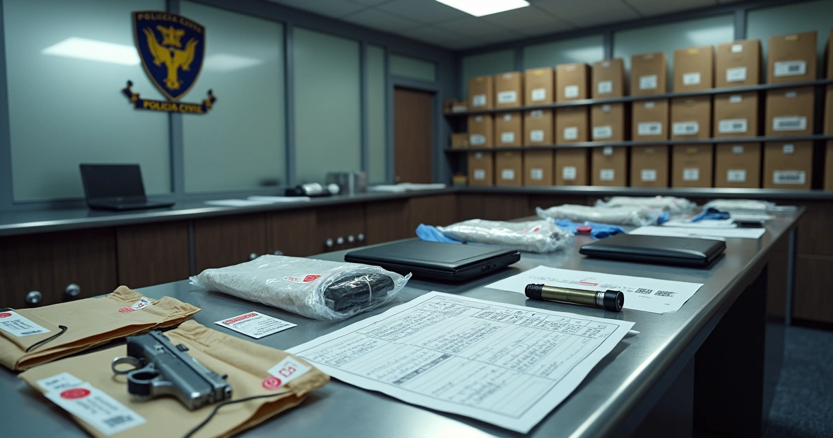 Brazilian evidence room with sealed digital and physical items under secure lighting 