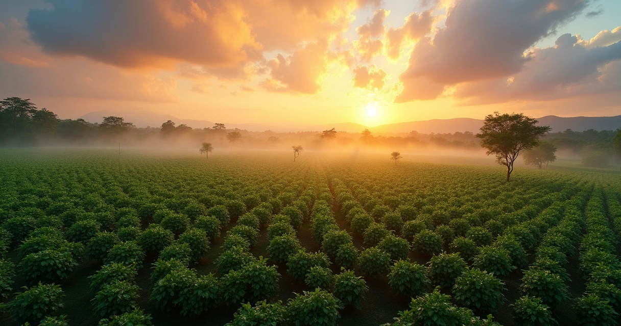 Wide-angle sunset view of coffee plantations in Brazil with long rows of coffee trees. 