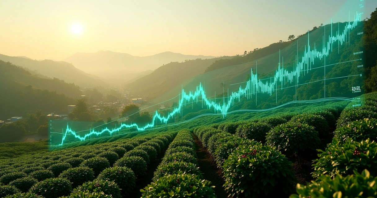 Coffee plantation in Brazil with financial charts overlay for market outlook 