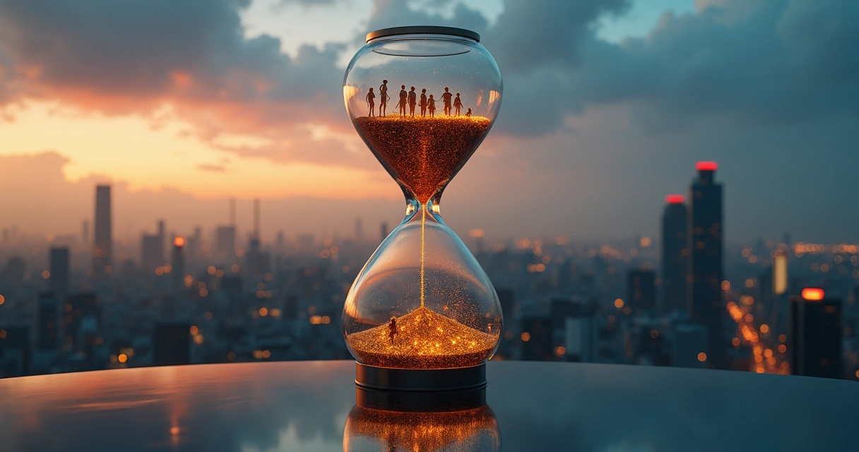 Hourglass over Brazilian city skyline fading into older population silhouettes