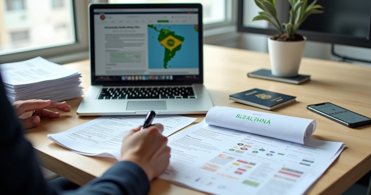 Professional organizing fiscal exit documents from Brazil with tax forms and maps on a desk 