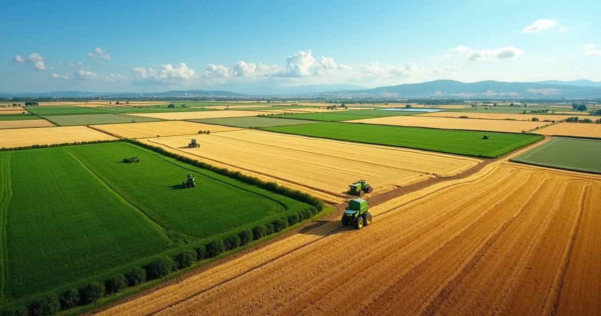 Wide aerial view of vast soybean, corn, and wheat fields under a blue sky with distant farm machinery 