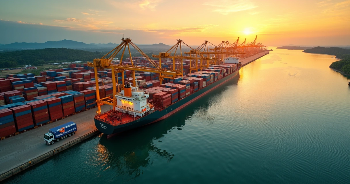 Aerial view of cargo delivery operation at a Brazilian port at sunrise