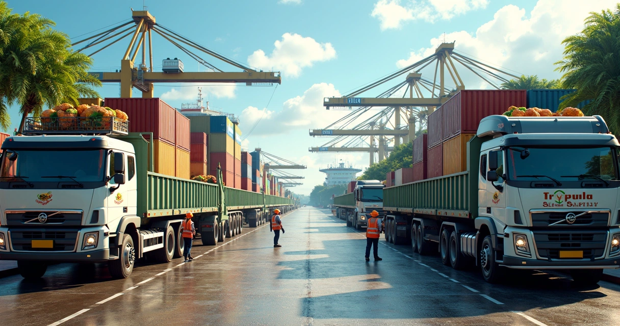 Busy port in Brazil with cargo ships and supply trucks operating