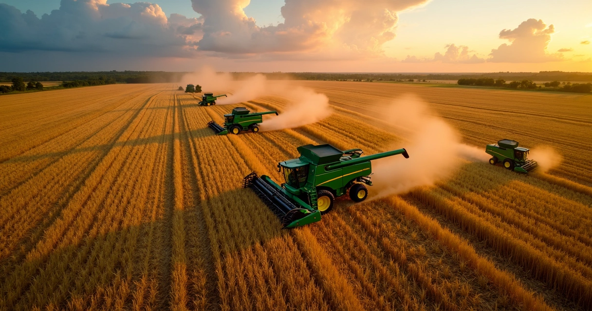 Aerial view of Brazilian soybean field with harvesters under dramatic sky 