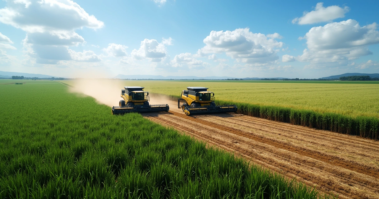 Aerial view of sugarcane harvesters working in a large cane field in Brazil, visible dust and green plants 
