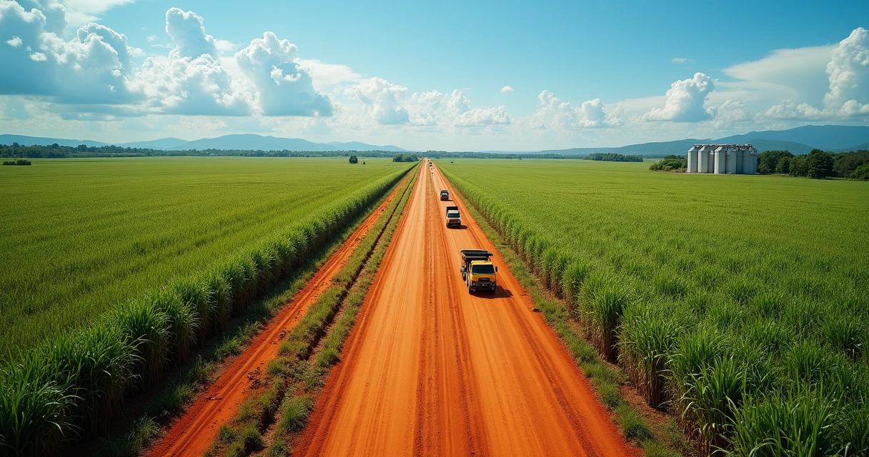 Aerial view of vast Brazilian sugarcane fields with trucks and silos, blue sky and clouds. 