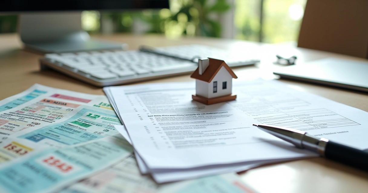 Brazilian and U.S. financial documents arranged around a small house icon 