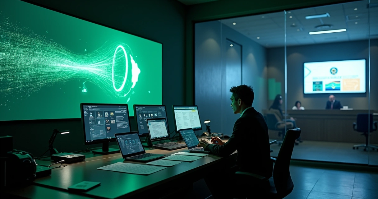 Forensic analyst examining large WhatsApp projection in Brazilian courtroom war room 