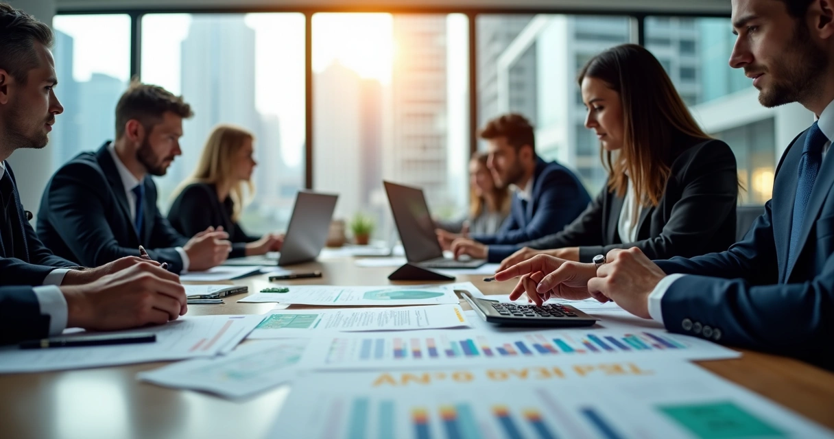 Brazilian financial professionals working with documents and computers 