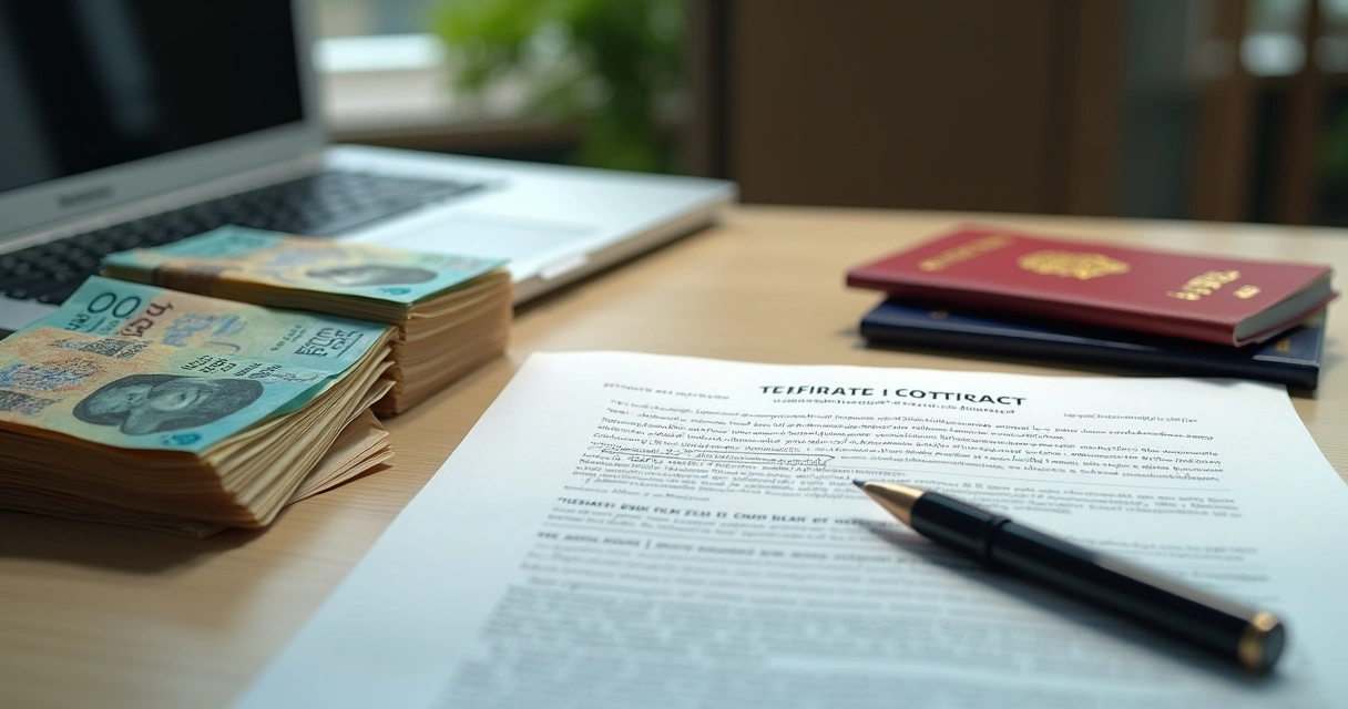 Documents on a bank table, Brazilian passport, and currency 