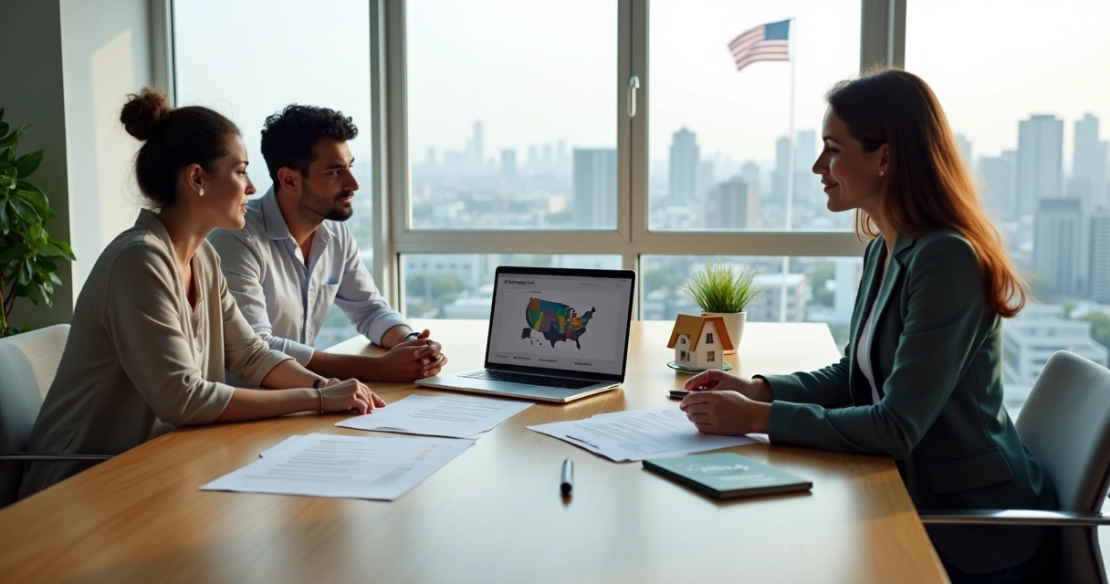 Brazilian couple reviewing US property purchase documents with mortgage advisor 