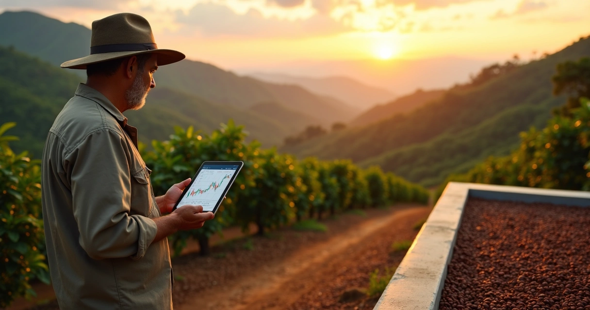 Coffee farmer on Brazilian hillside farm checking price chart on tablet beside drying terraces 