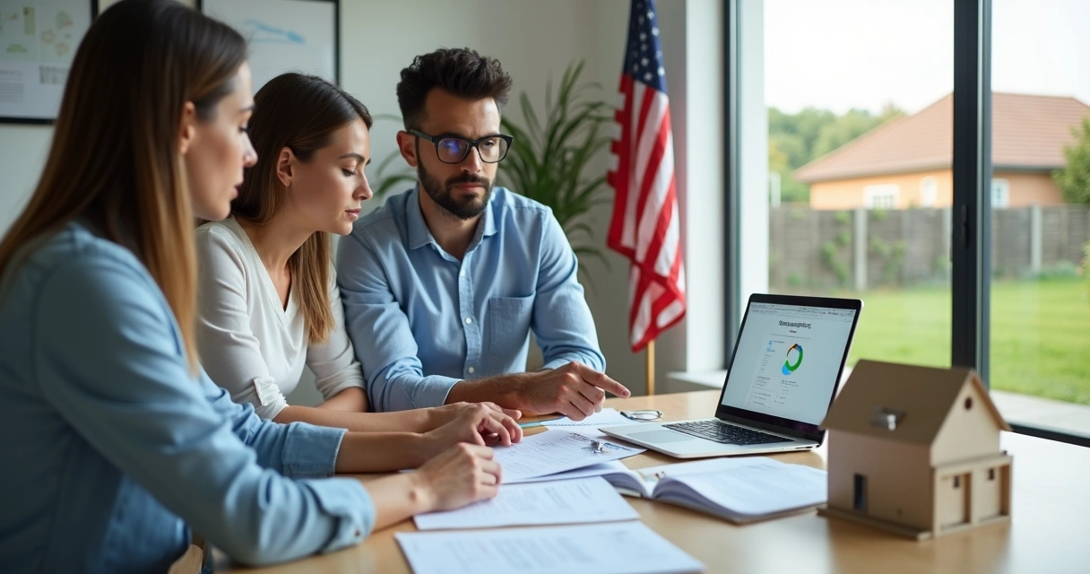 Brazilian couple reviewing mortgage documents with advisor in modern US home office 