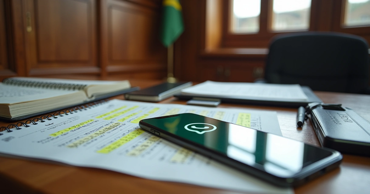 Smartphone with WhatsApp chat examined as evidence on a Brazilian courtroom table 