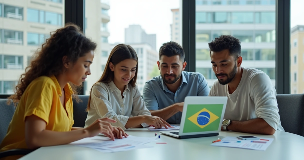 Brazilian family reviewing US investment documents at a desk