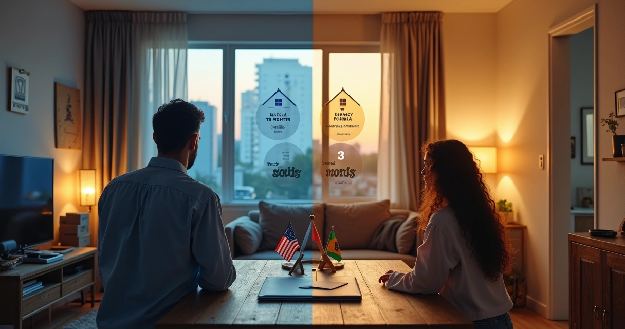 Brazilian family comparing renting and buying options for a US home on a split screen 