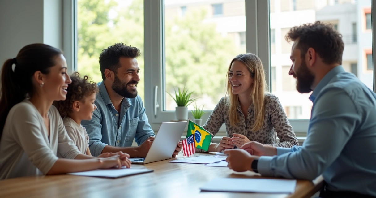 Brazilian family meeting with a mortgage advisor in a bright US office
