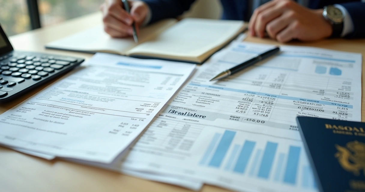 Brazilian income documents and calculator on desk 