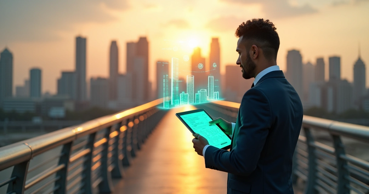 Brazilian investor viewing US city skyline real estate with EB-5 investment graphics 