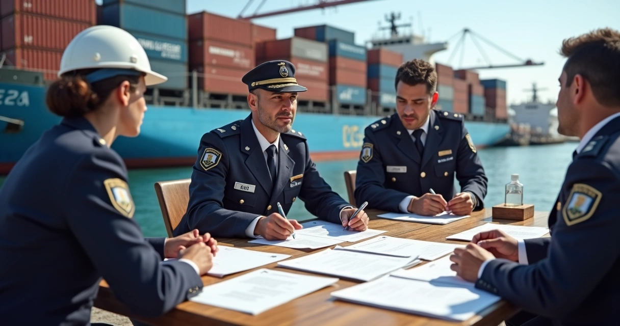 Port authority reviewing onboard delivery documents with crew beside cargo at Brazilian port