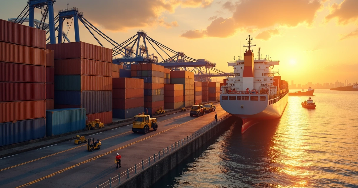 Cargo ships docked at a Brazilian port during sunset